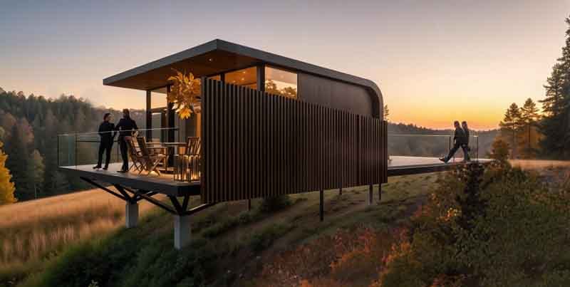 xPod Classic structure with gabled roof at sunset