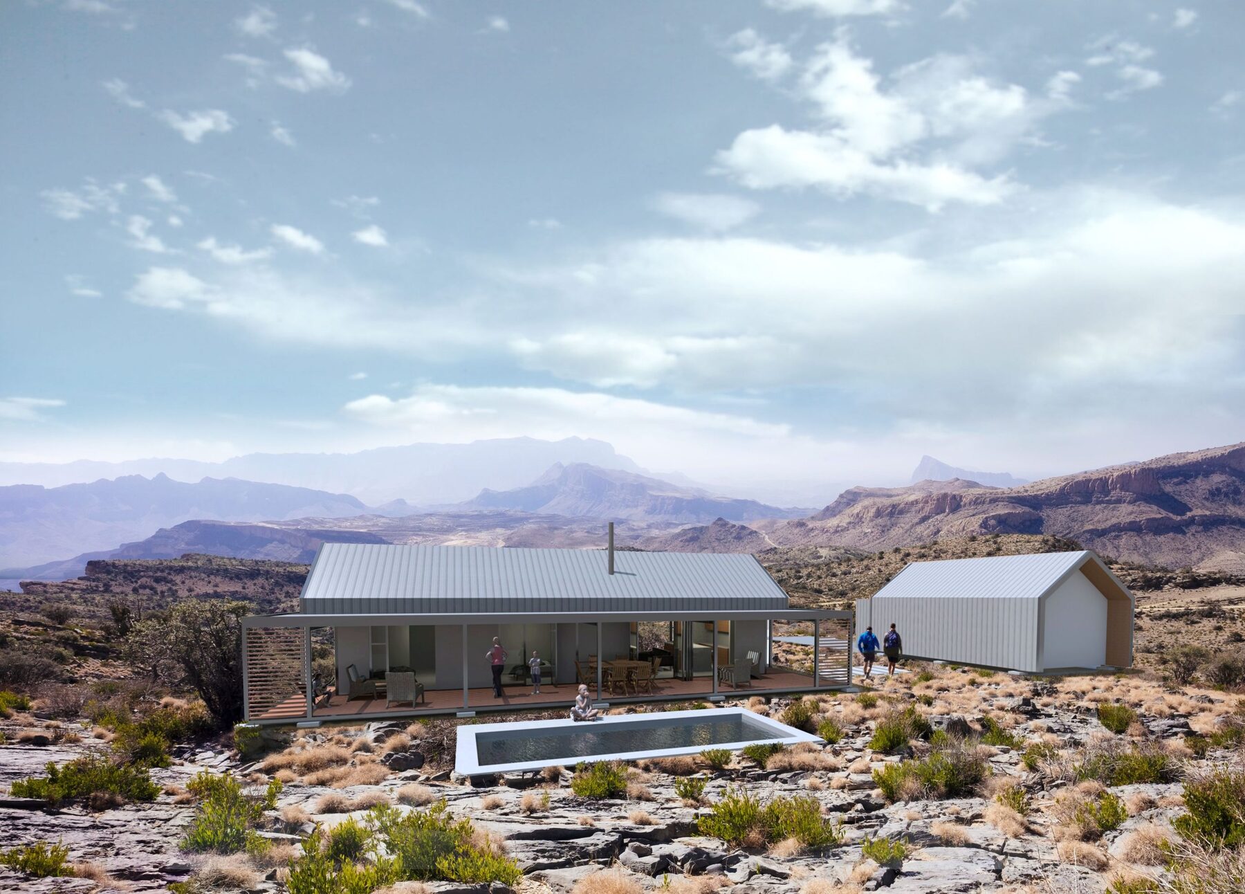 xPod Pavilion structure overlooking a coastal landscape at dusk