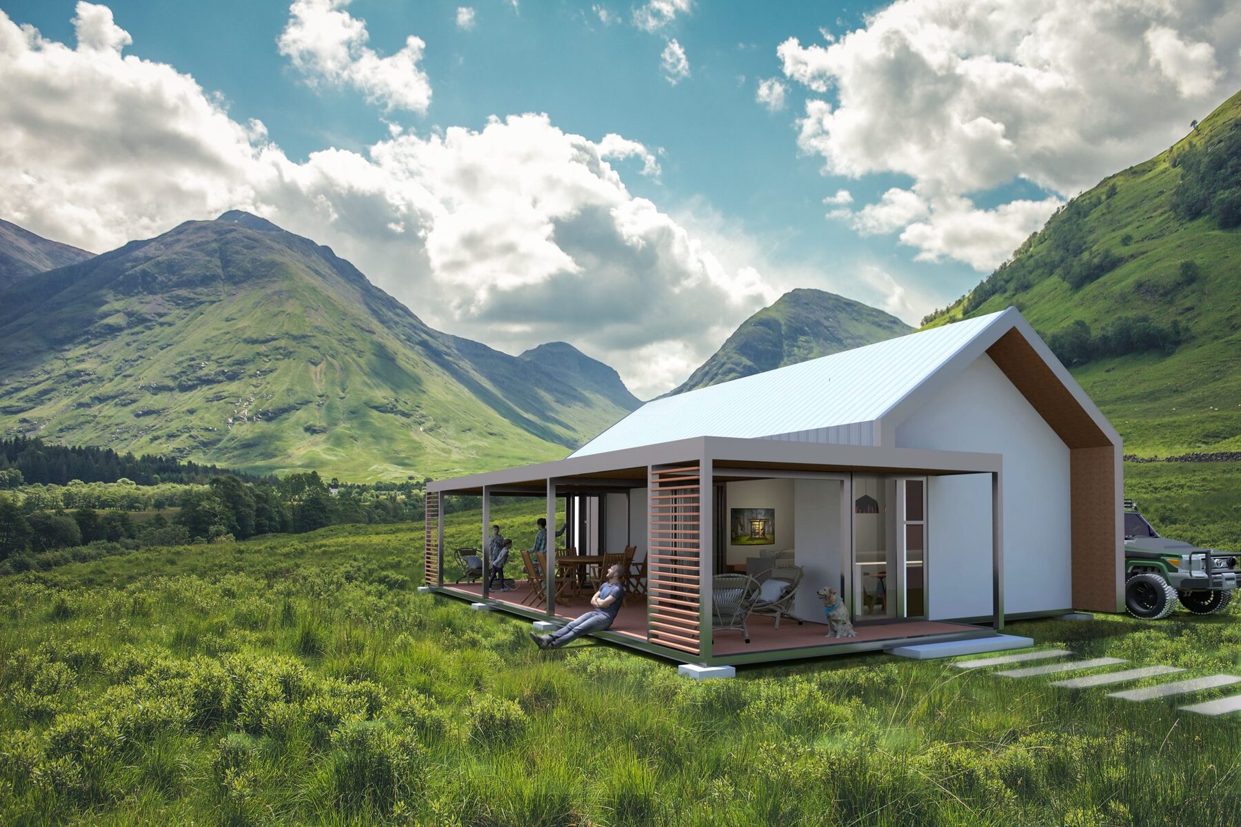 xPod Classic modular building set in a green mountain valley with covered veranda
