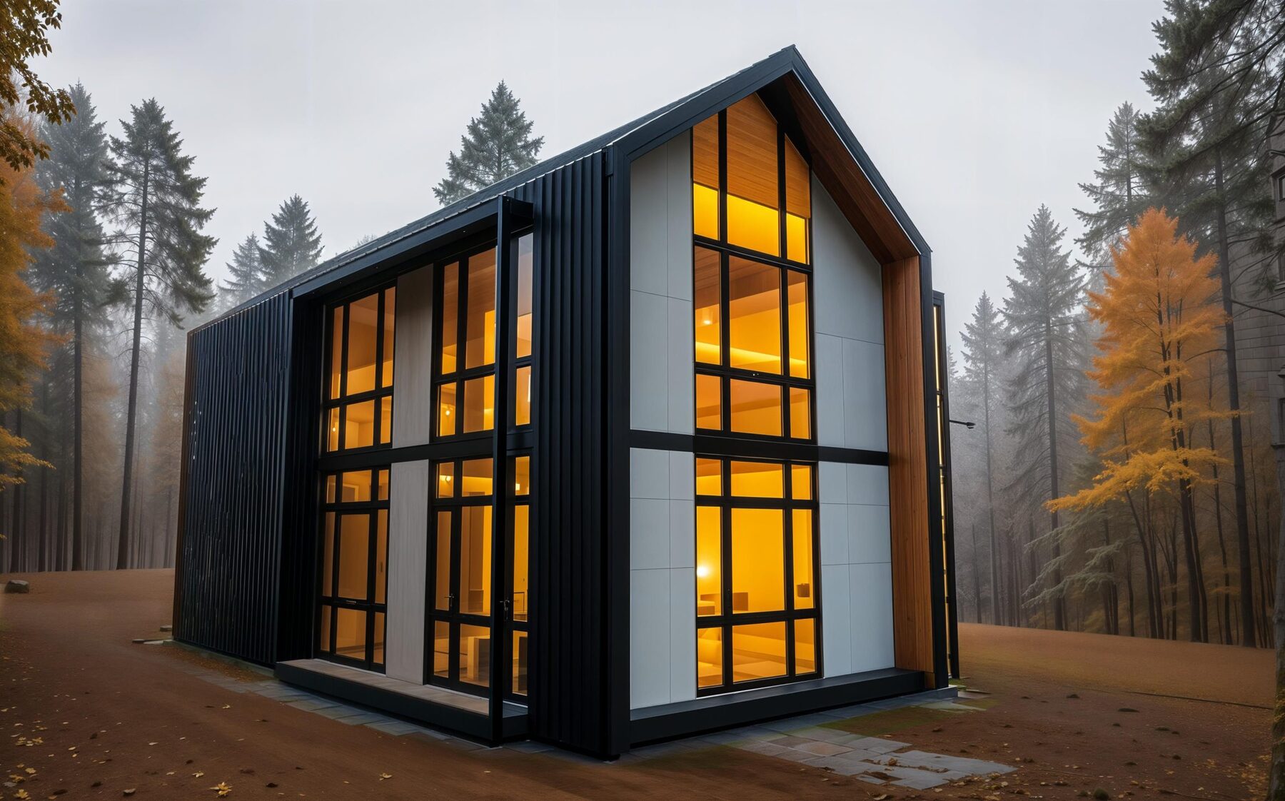 xPod Barn structure with double-height glazed gable in a forest